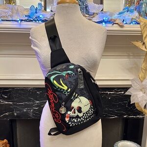 Ed Hardy Black Sling Bag with Skull and Red Accents